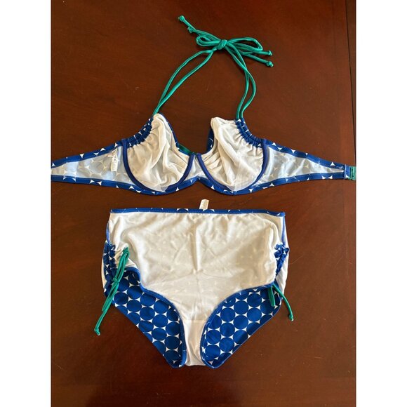 Pour Moi Hot Spots Halter High Waisted Bikini Swimsuit Blue/White UK 36E + UK 16 - Picture 9 of 12